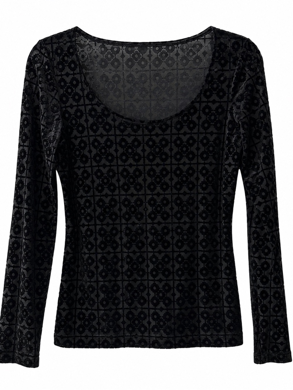 Vintage Sheer Mesh Velvet Devoré Geometric Long Sleeve Top Black M